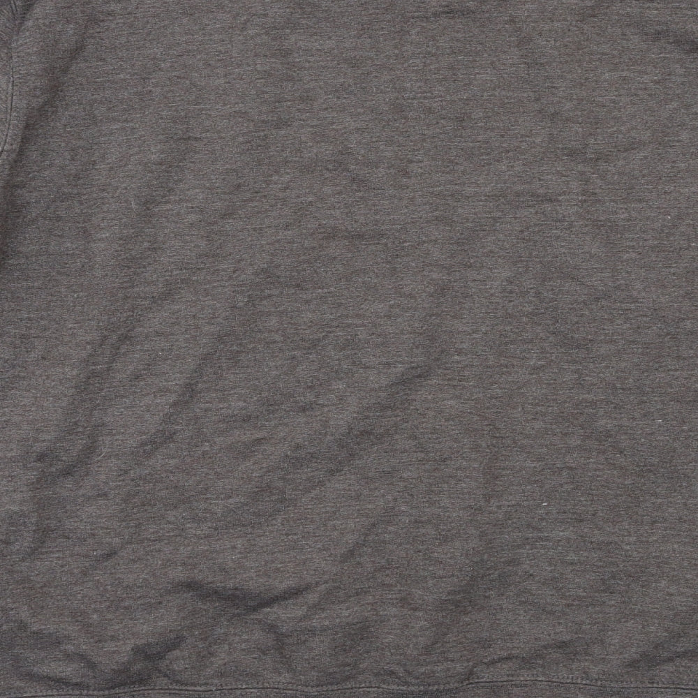 Brand and care label for Just Hoods` men’s grey pullover sweatshirt, size S
