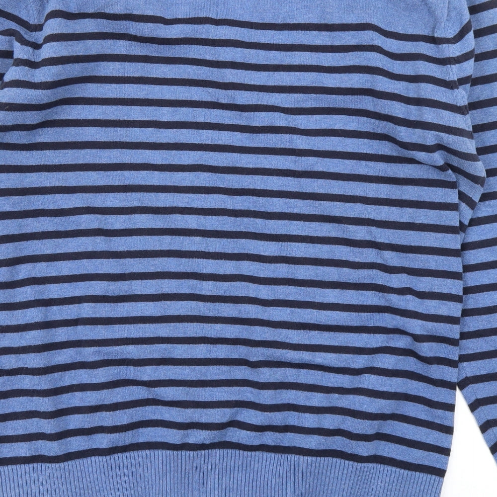 Brand and care label for Easy men’s blue striped knit jumper, size L