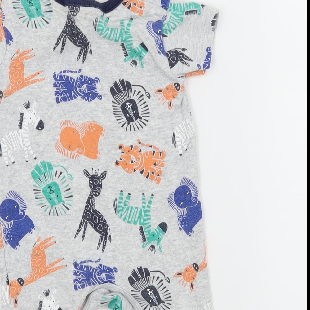 Brand and care label for George boys’ grey geometric jersey babygrow one-piece size newborn - zoo animals