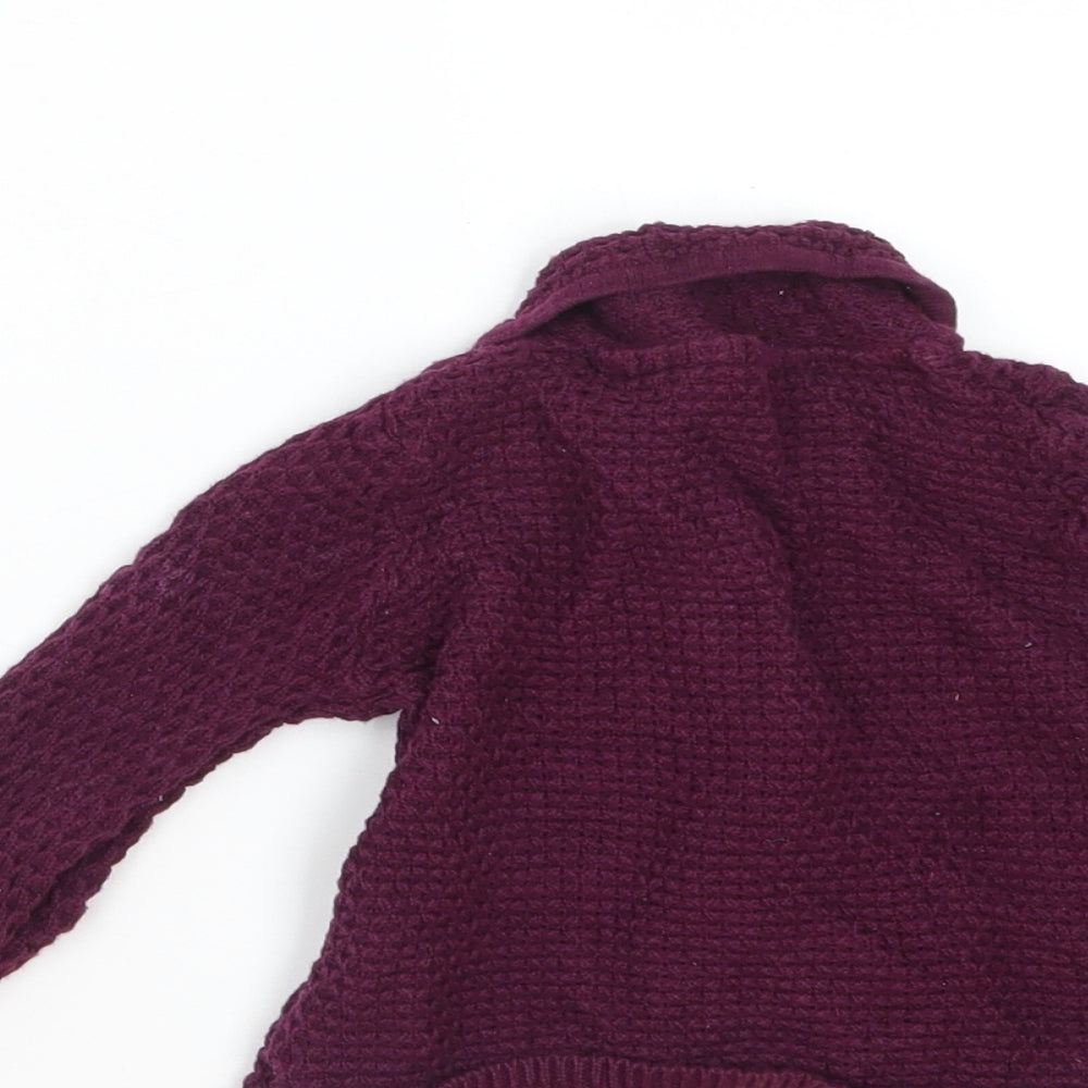 Brand and care label for Marks & Spencer girls’ purple cardigan jumper, size 3-6, months
