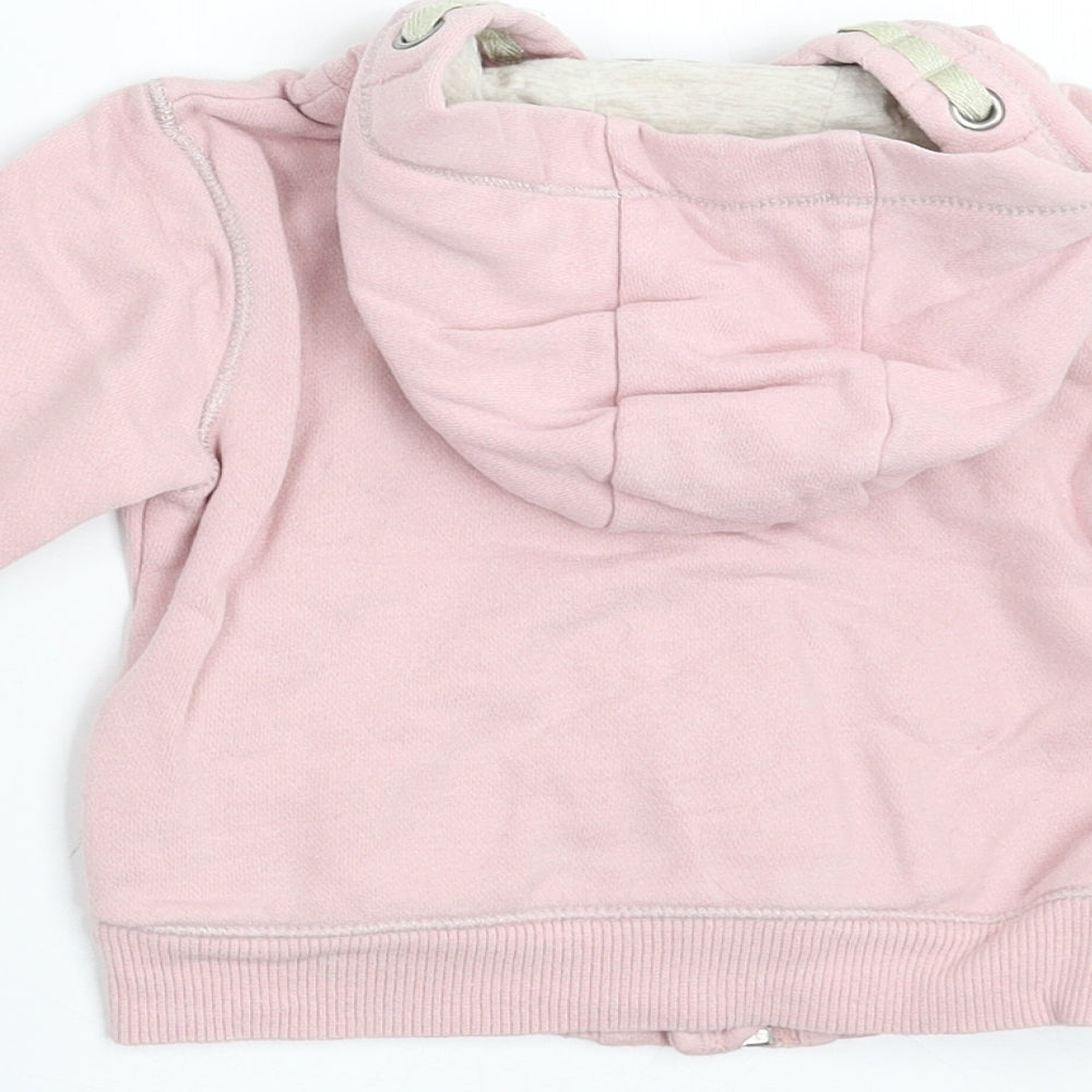 Brand and care label for Next girls’ pink full zip jumper, size 6-9, months - hoodie