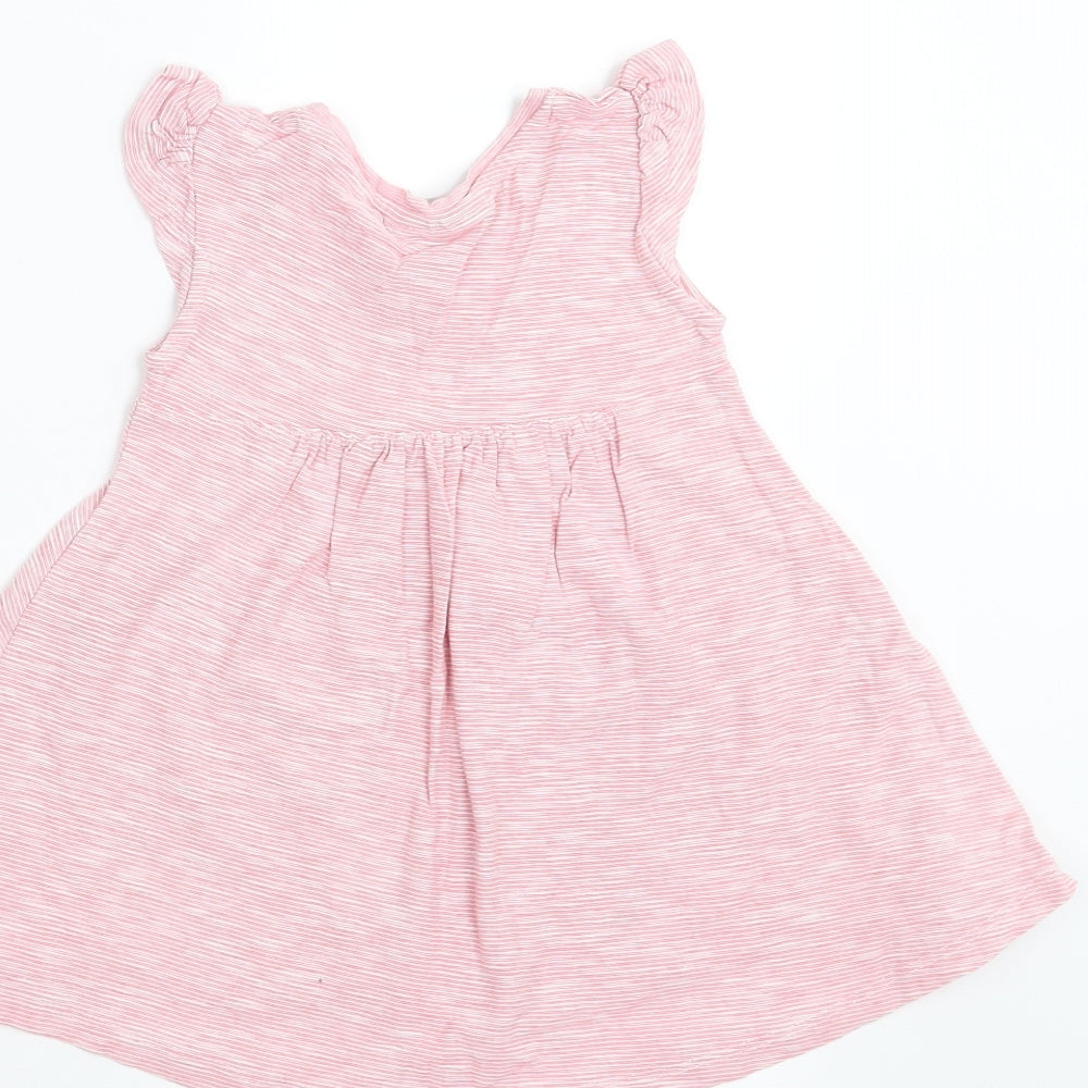 Brand and care label for Next girls’ red striped t-shirt dress, size 9-12, months