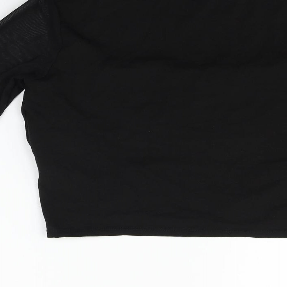 Brand and care label for ASOS women’s black basic t-shirt, size UK 14