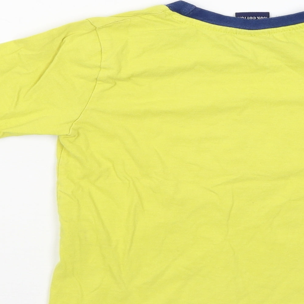 Brand and care label for Taeko kids boys’ yellow pullover t-shirt, size 4-5, years