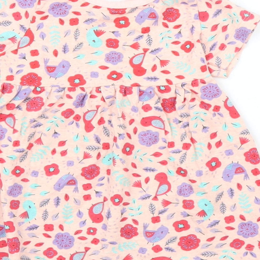 Brand and care label for Peacocks girls’ pink floral a-line, size 3-6, months
