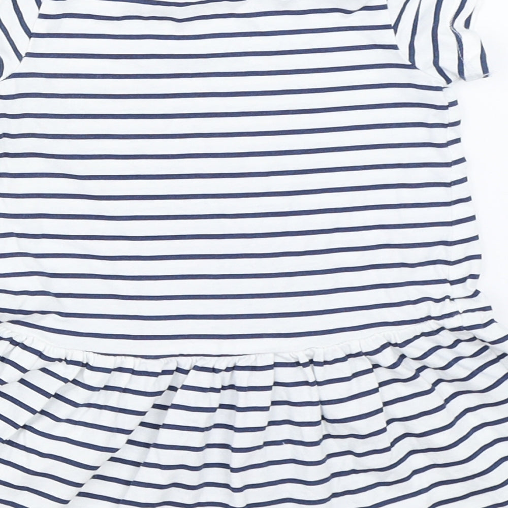 Brand and care label for H&M girls’ white striped t-shirt dress, size 6-9, months