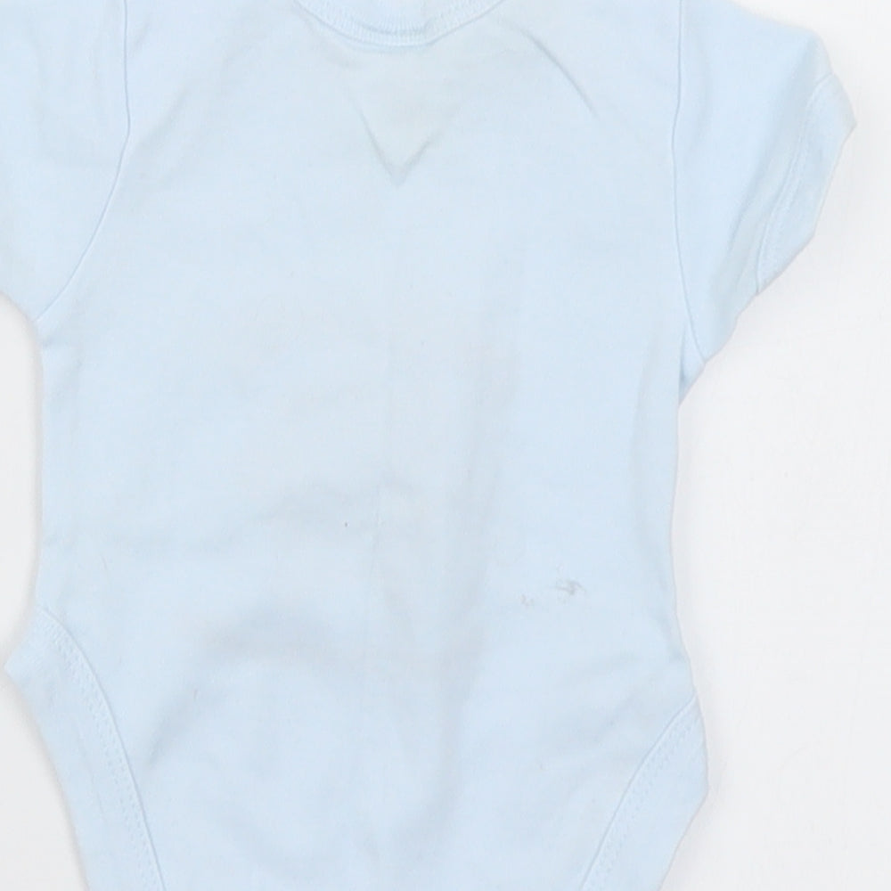 Brand and care label for tubby teddy & co boys’ blue romper one-piece, size 0-3, months - bear