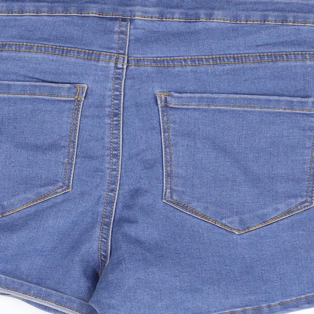 Brand and care label for Denim & Co. women’s blue hot pants shorts, size UK 8