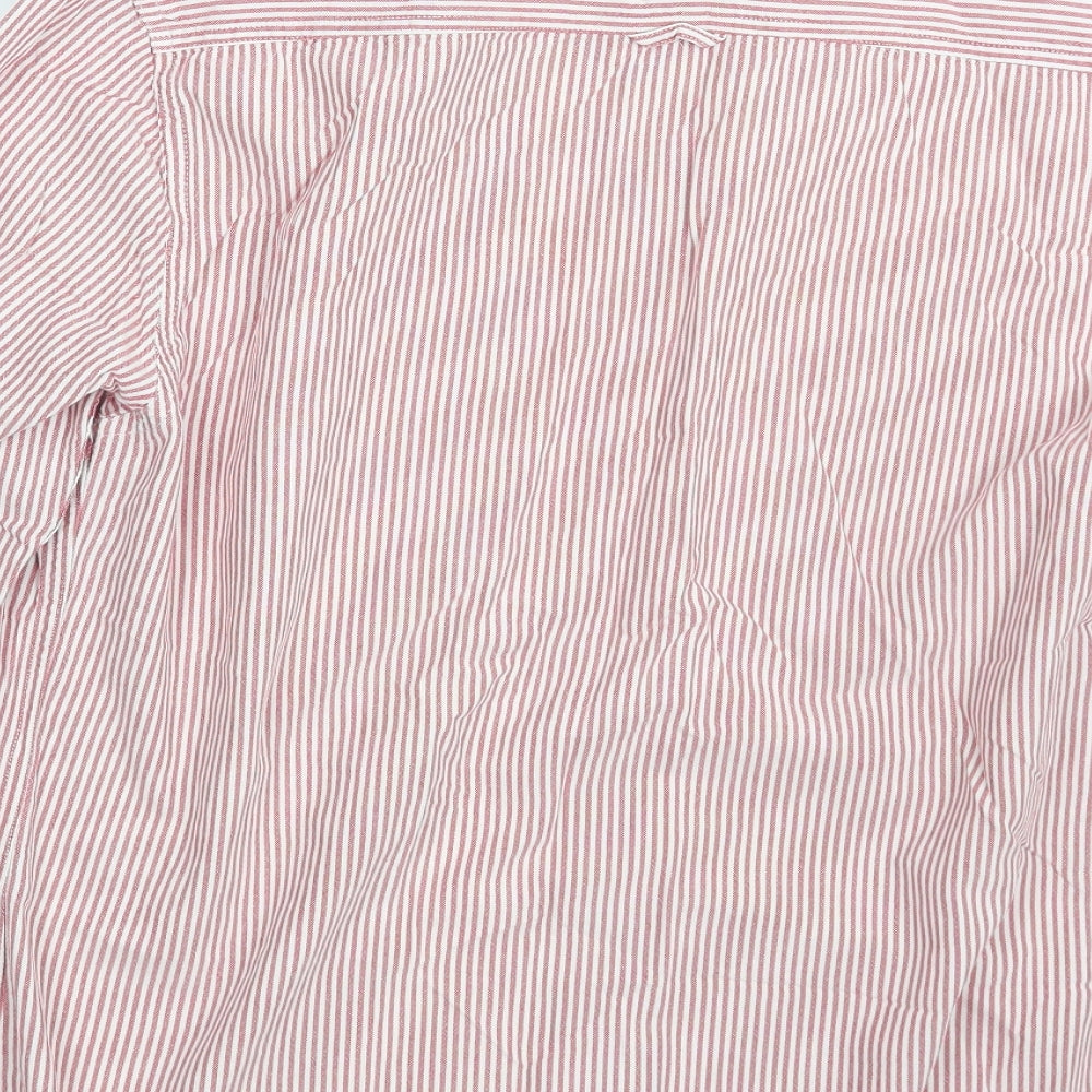 Brand and care label for Easy men’s red striped button-up, size M