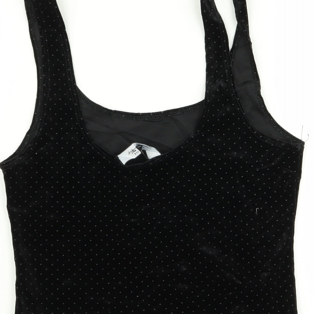Brand and care label for Miss Selfridge women’s black polka dot basic tank, size UK 8, - crop top