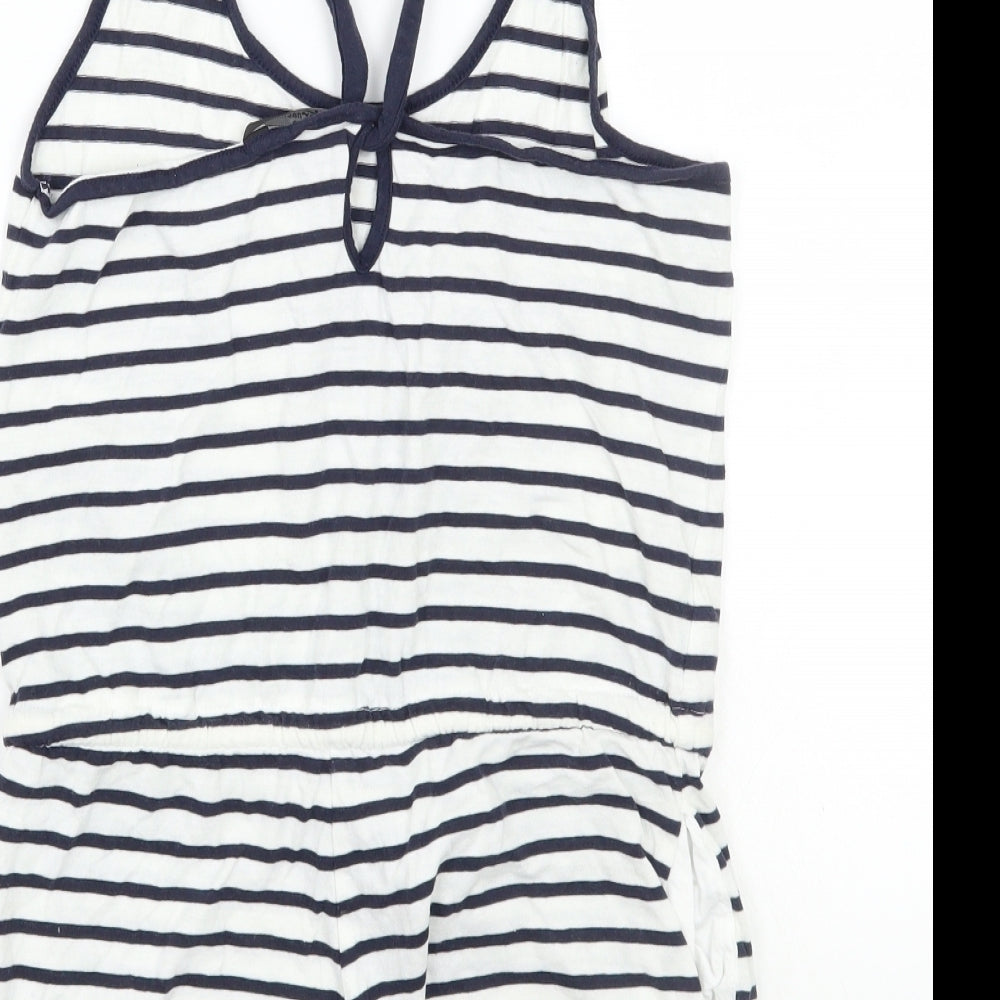 Brand and care label for internationale women’s white striped playsuit one-piece, size UK 8