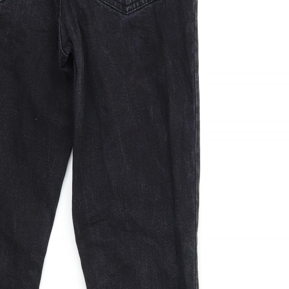 Brand and care label for Easy women’s black denim straight jeans, size S, 31-inch leg