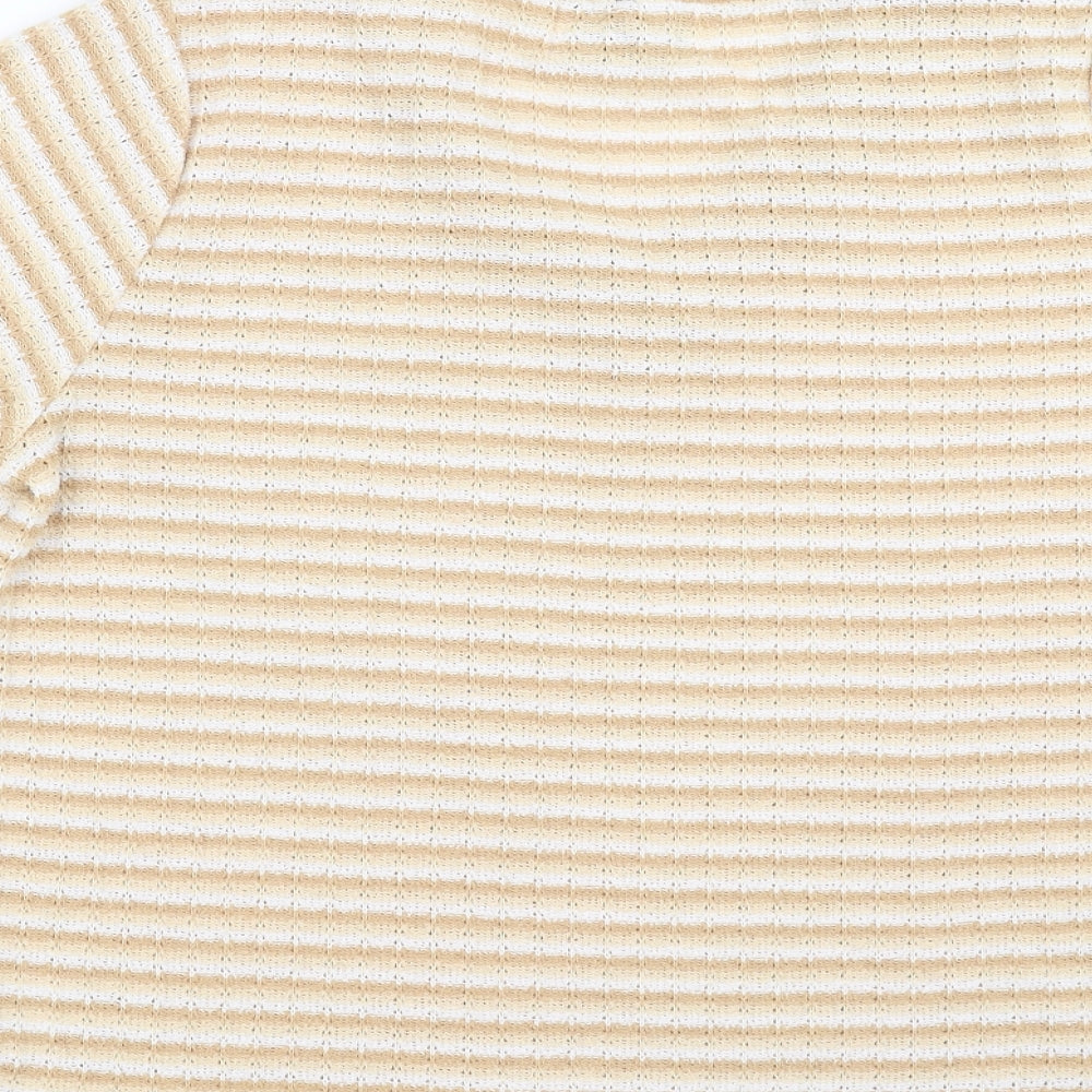Reflect Collection Womens Beige Striped Basic T-Shirt Size S
