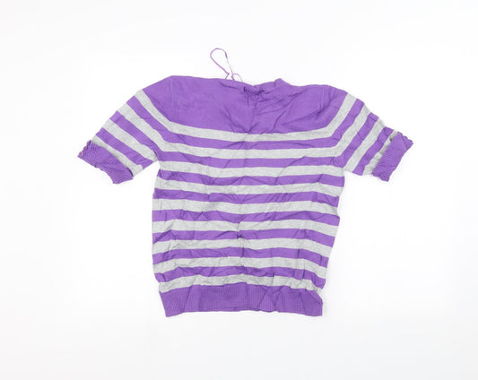 Preworn Womens Purple Striped Basic T-Shirt Size 14