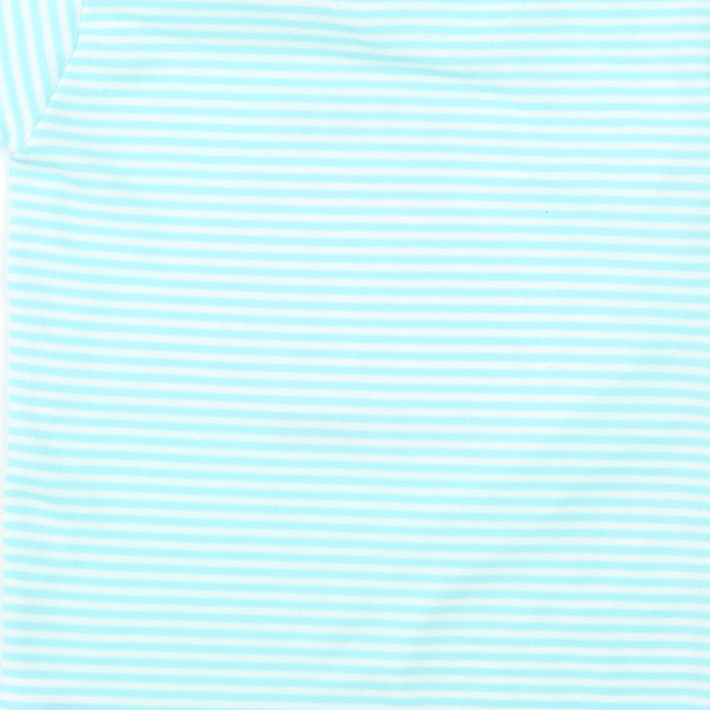 Brand and care label for Preworn girls’ blue striped rayon basic t-shirt, size S, - rainbow