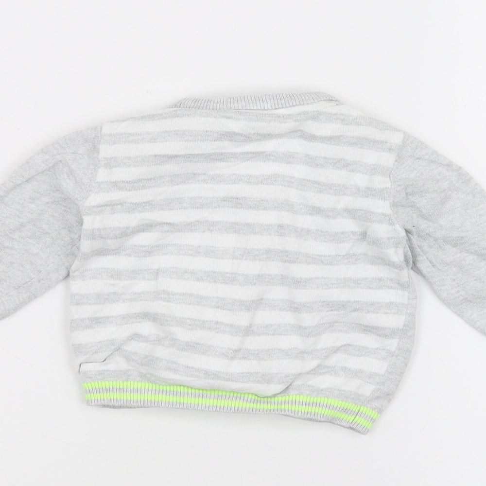 Brand and care label for Blue Zoo Baby Grey Striped Cardigan Jumper, size 3-6, Months