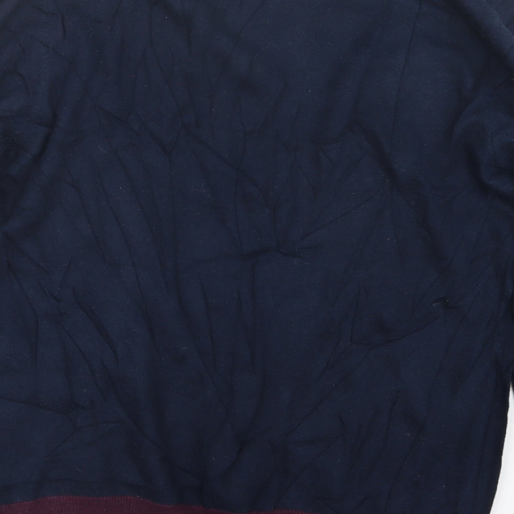 Brand and care label for Easy men’s blue knit jumper, size M