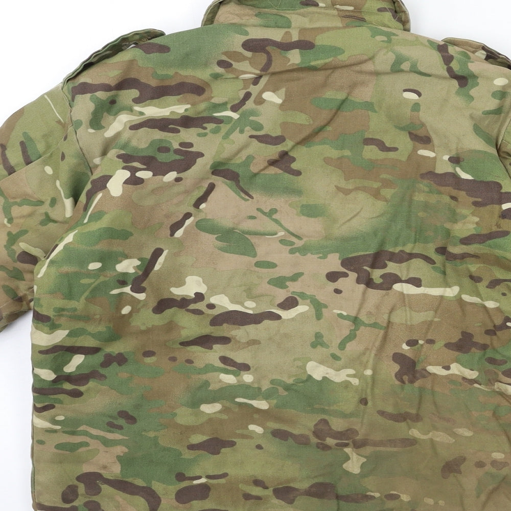 Brand and care label for Preworn girls’ green camouflage jacket, size 7, years