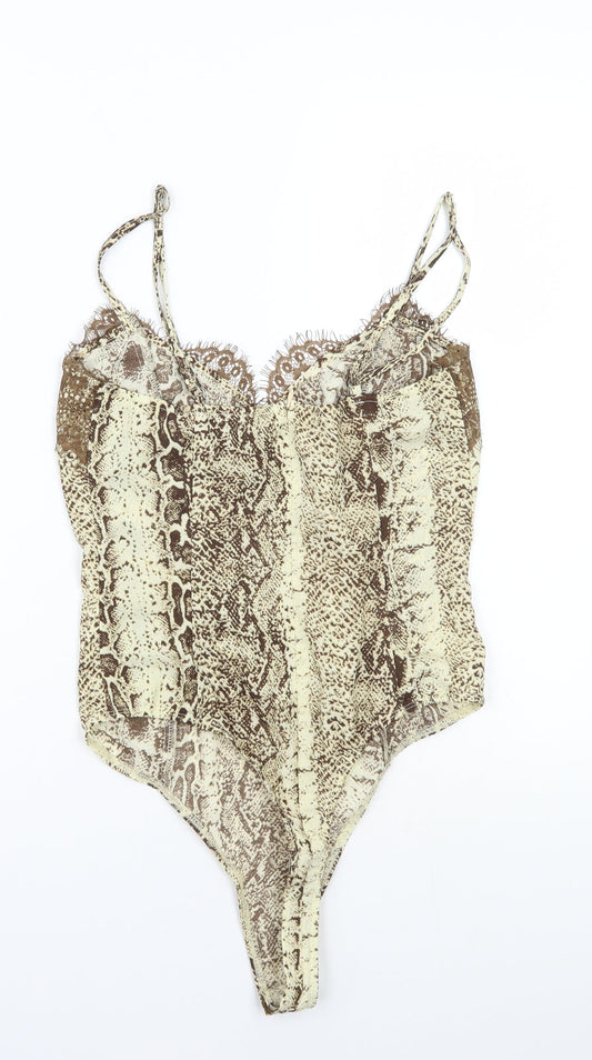 PRETTYLITTLETHING Womens Beige Animal Print Bodysuit One-Piece Size 8