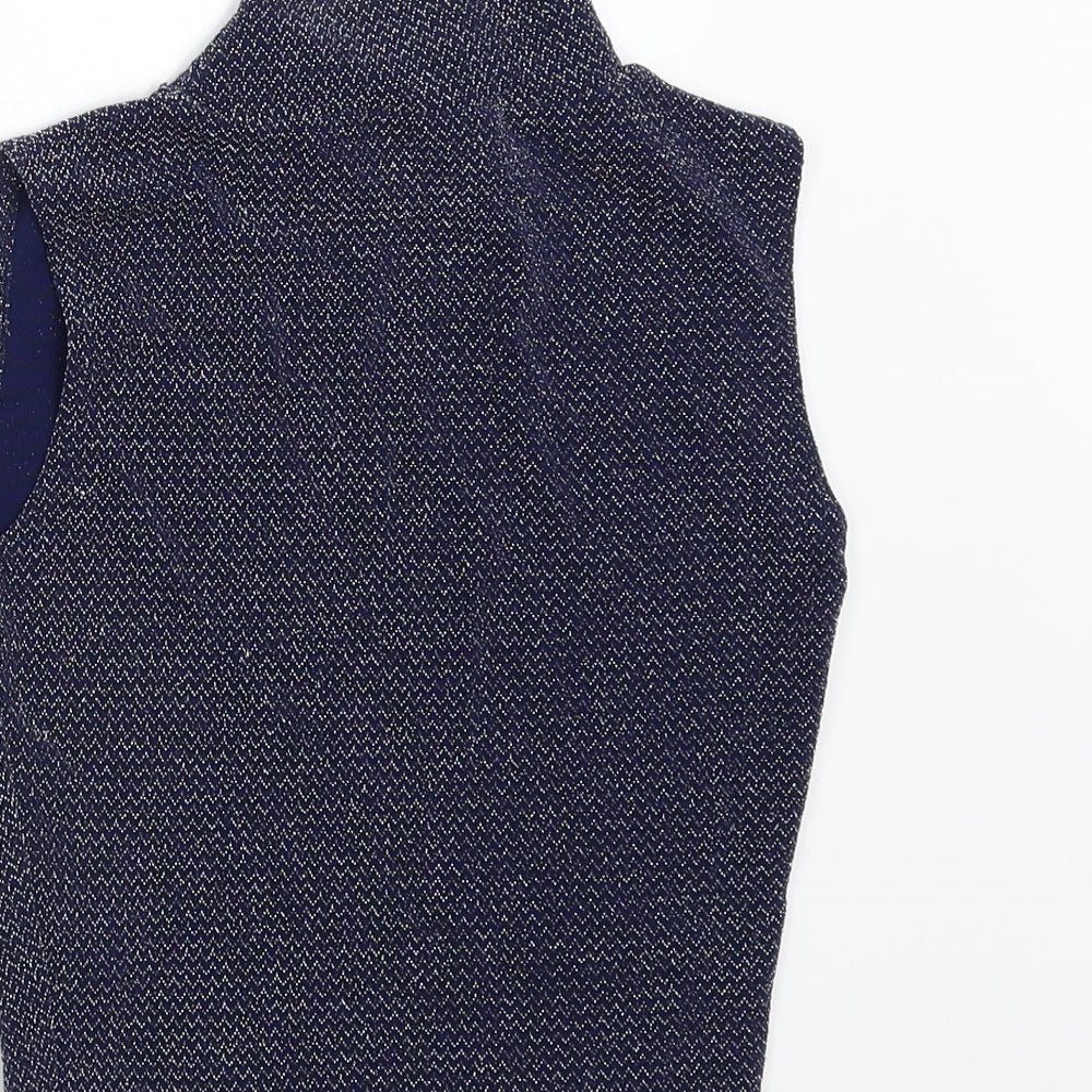Brand and care label for Fashion Union women’s blue knit basic tank, size UK 6