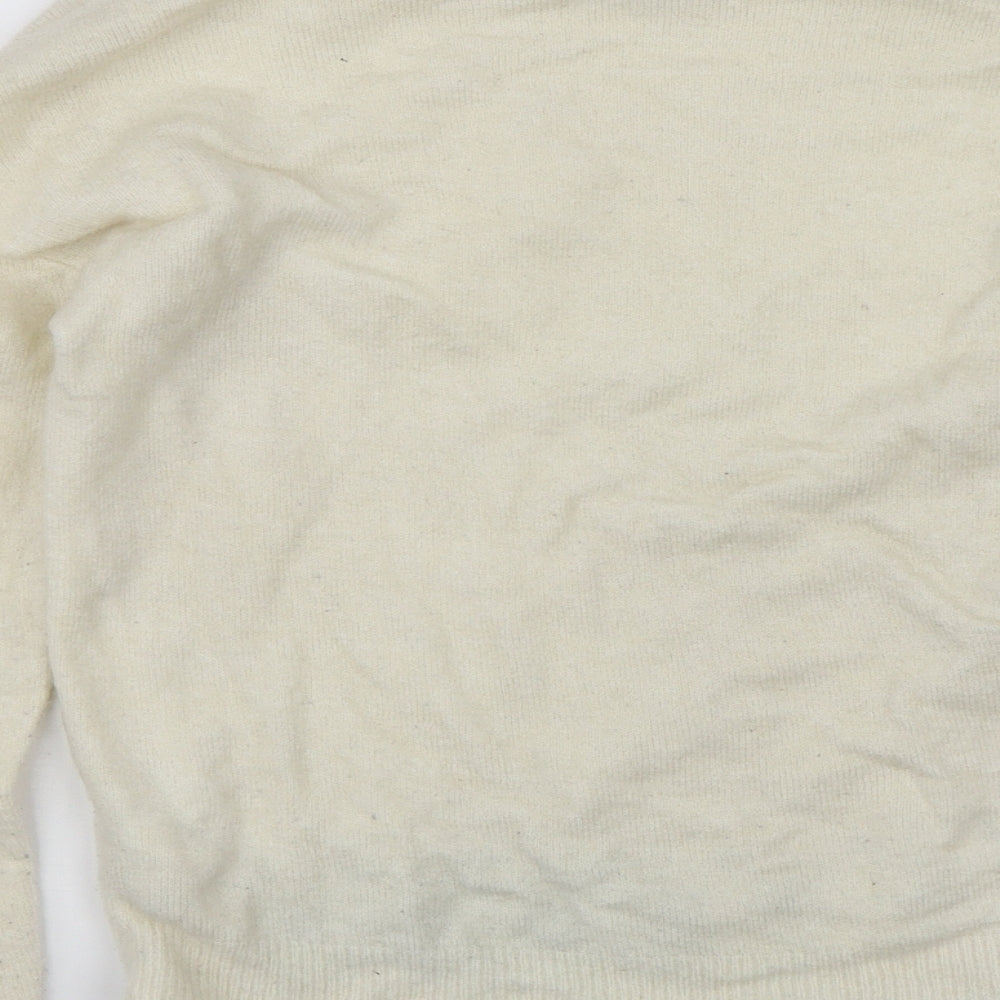 Brand and care label for Miss Selfridge women’s white jumper, size UK 10
