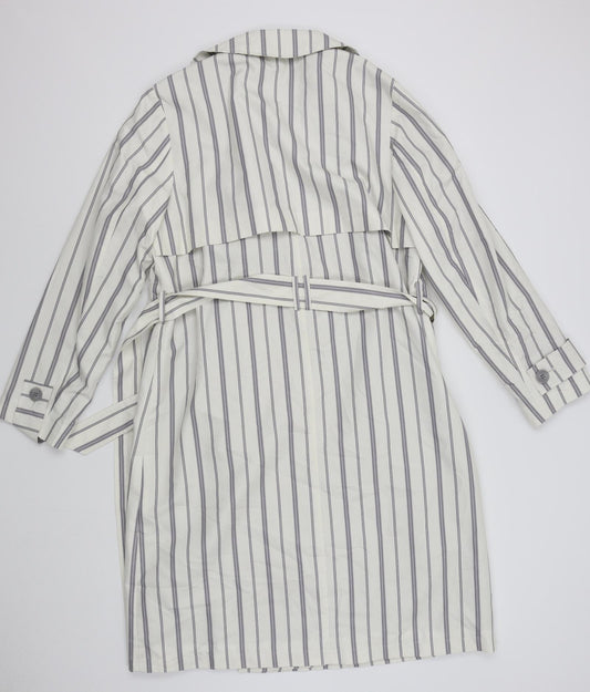 M&S Womens White Striped Overcoat Coat Size 14