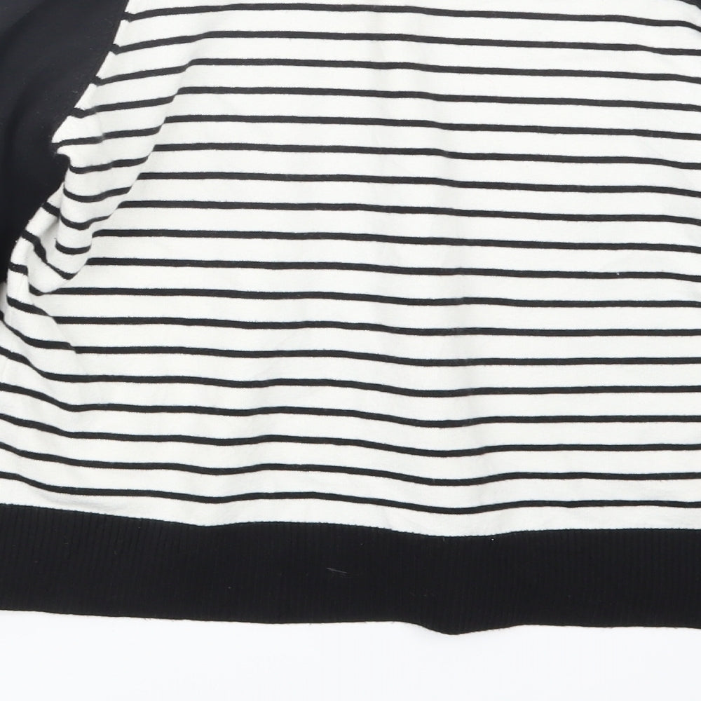 Brand and care label for Miss Selfridge women’s black striped knit jumper, size UK 16