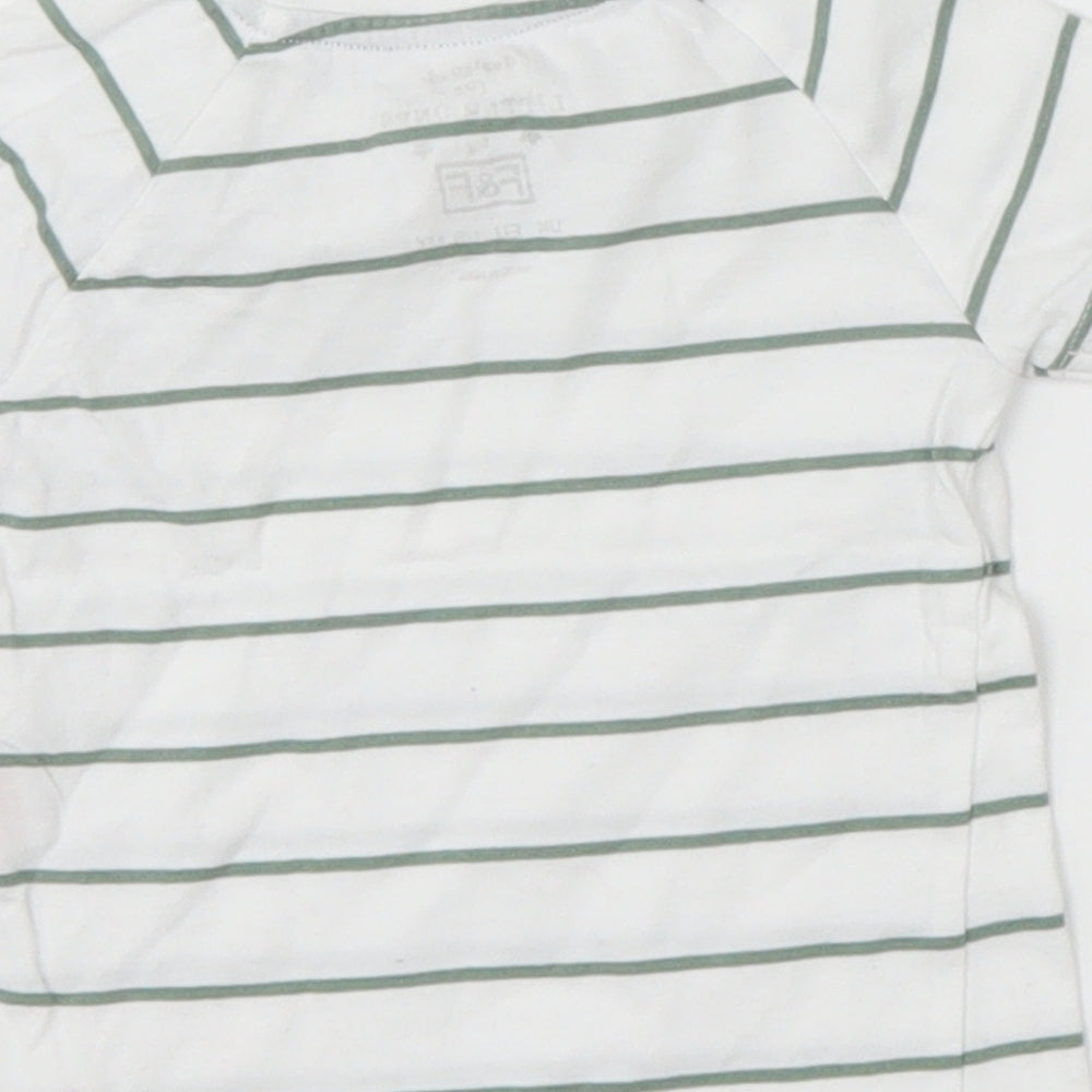 Brand and care label for F&F boys’ white striped basic t-shirt, size 3-6, months - green stripes