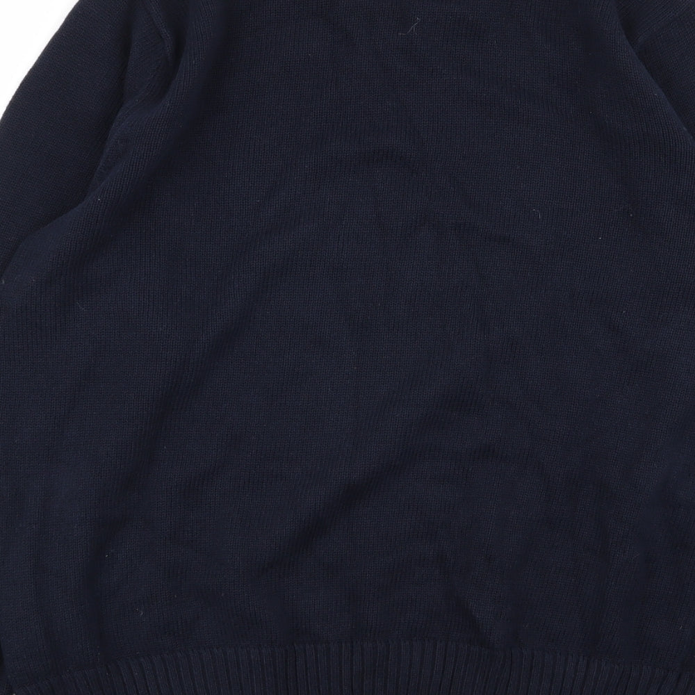 Brand and care label for Easy men’s blue jumper, size M