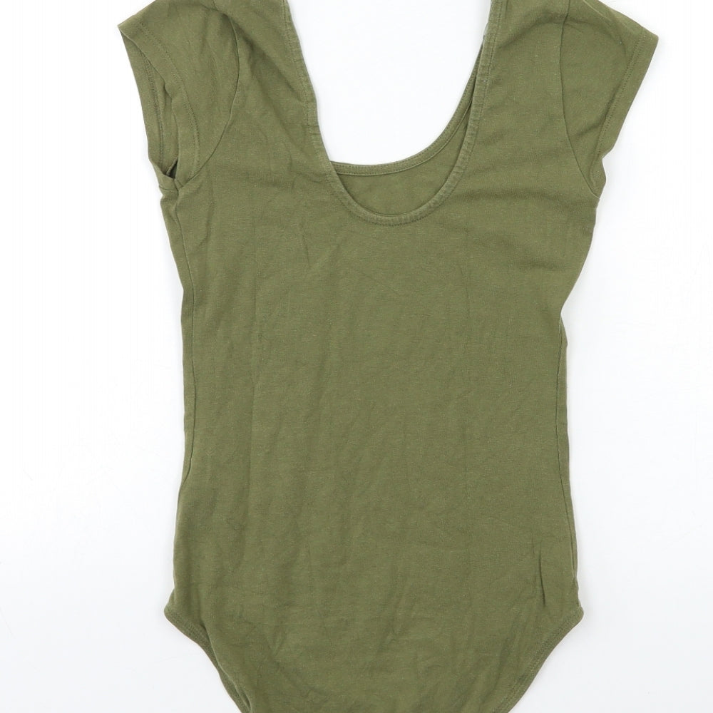 Brand and care label for Miss Selfridge women’s green basic t-shirt, size UK 8