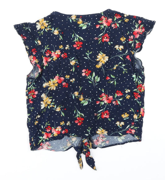 Bershka Womens Blue Floral Cropped T-Shirt Size S