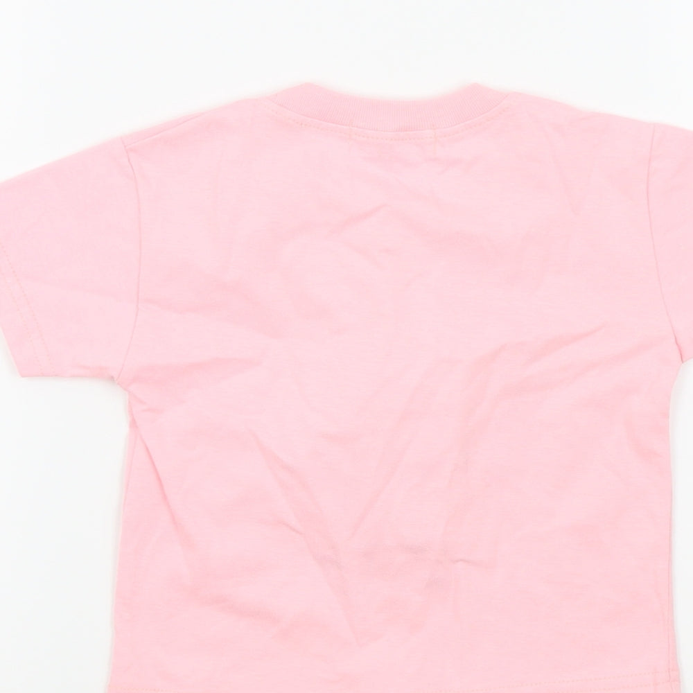 Brand and care label for arabikka girls’ pink colourblock basic t-shirt, size 18-24, months