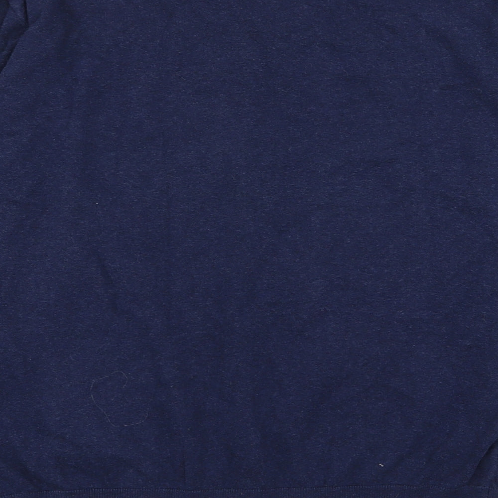 Brand and care label for Easy men’s blue jumper, size L
