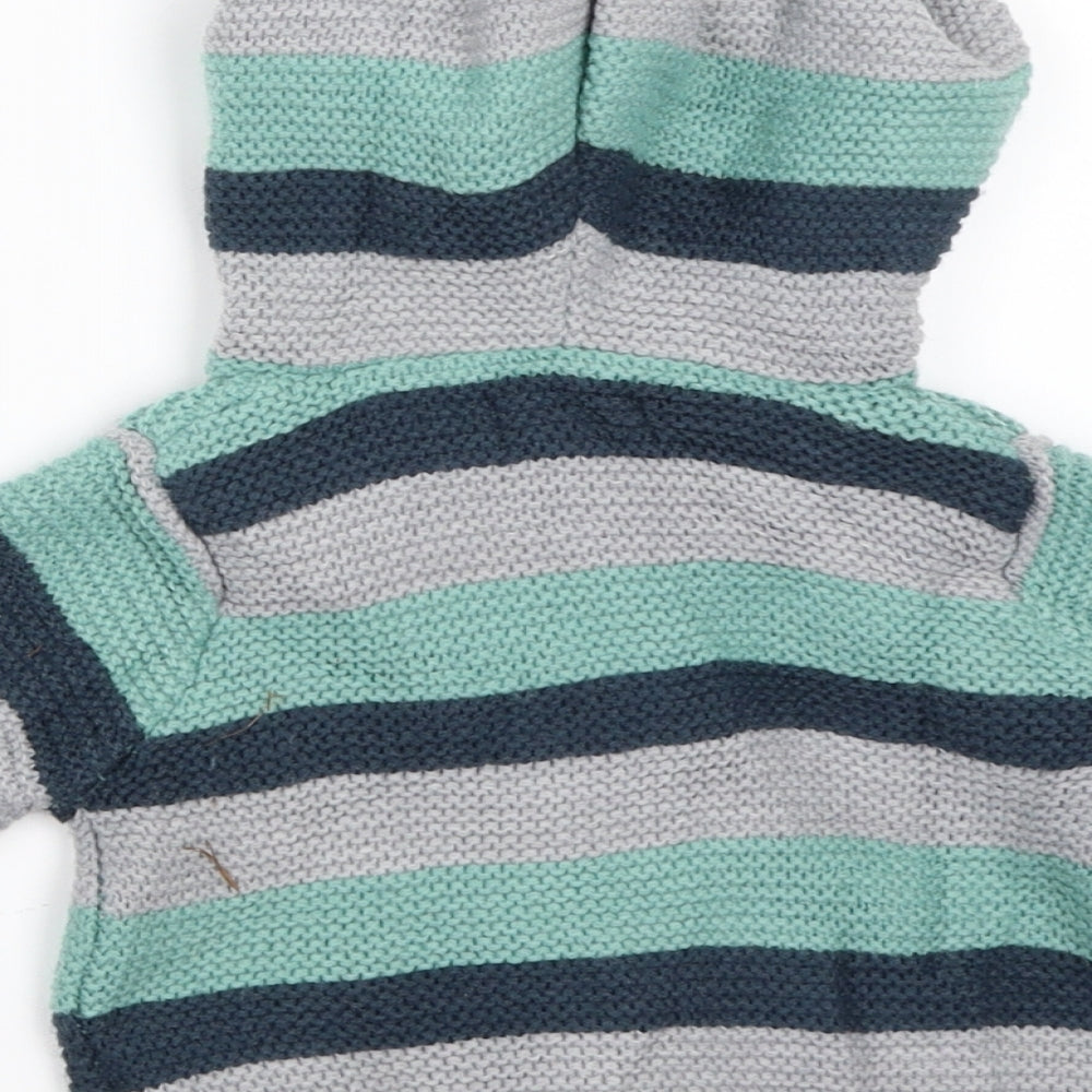 Brand and care label for Pumpkin Patch boys’ green striped jacket, size 3-6, months