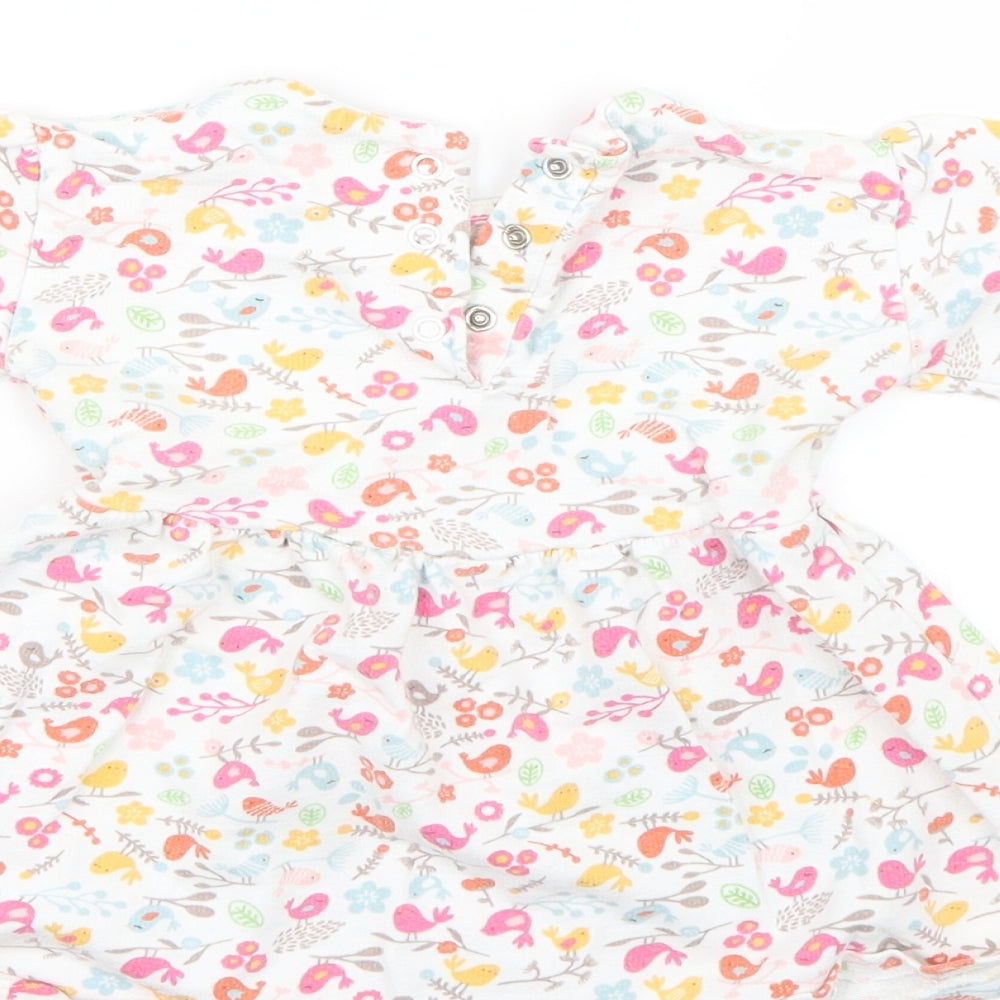 Brand and care label for Mothercare girls’ white floral fit & flare, size 3-6, months