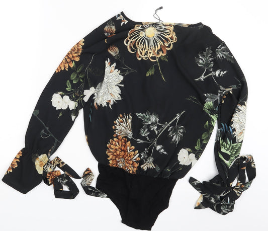 Boohoo Womens Black Floral Bodysuit One-Piece Size 8