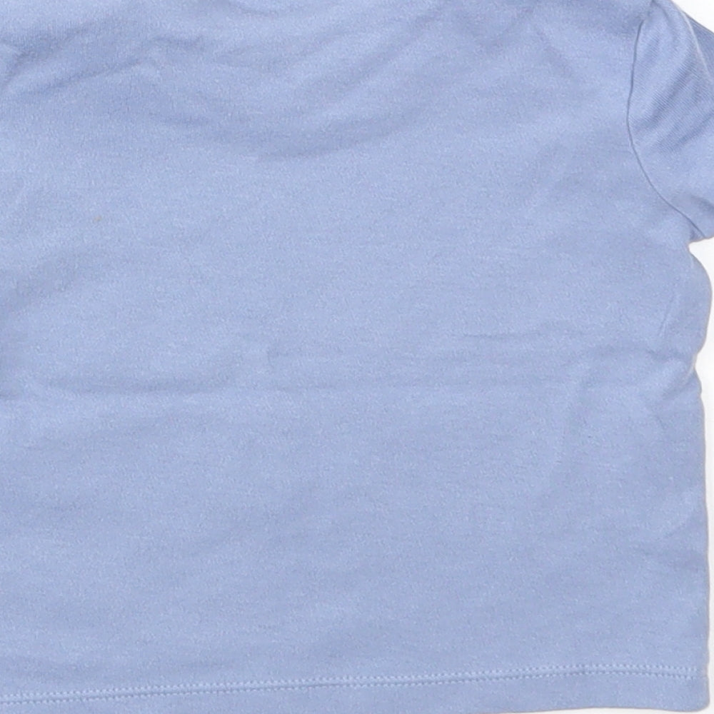 Brand and care label for Disney boys’ blue animal print basic t-shirt, size 6-9, months