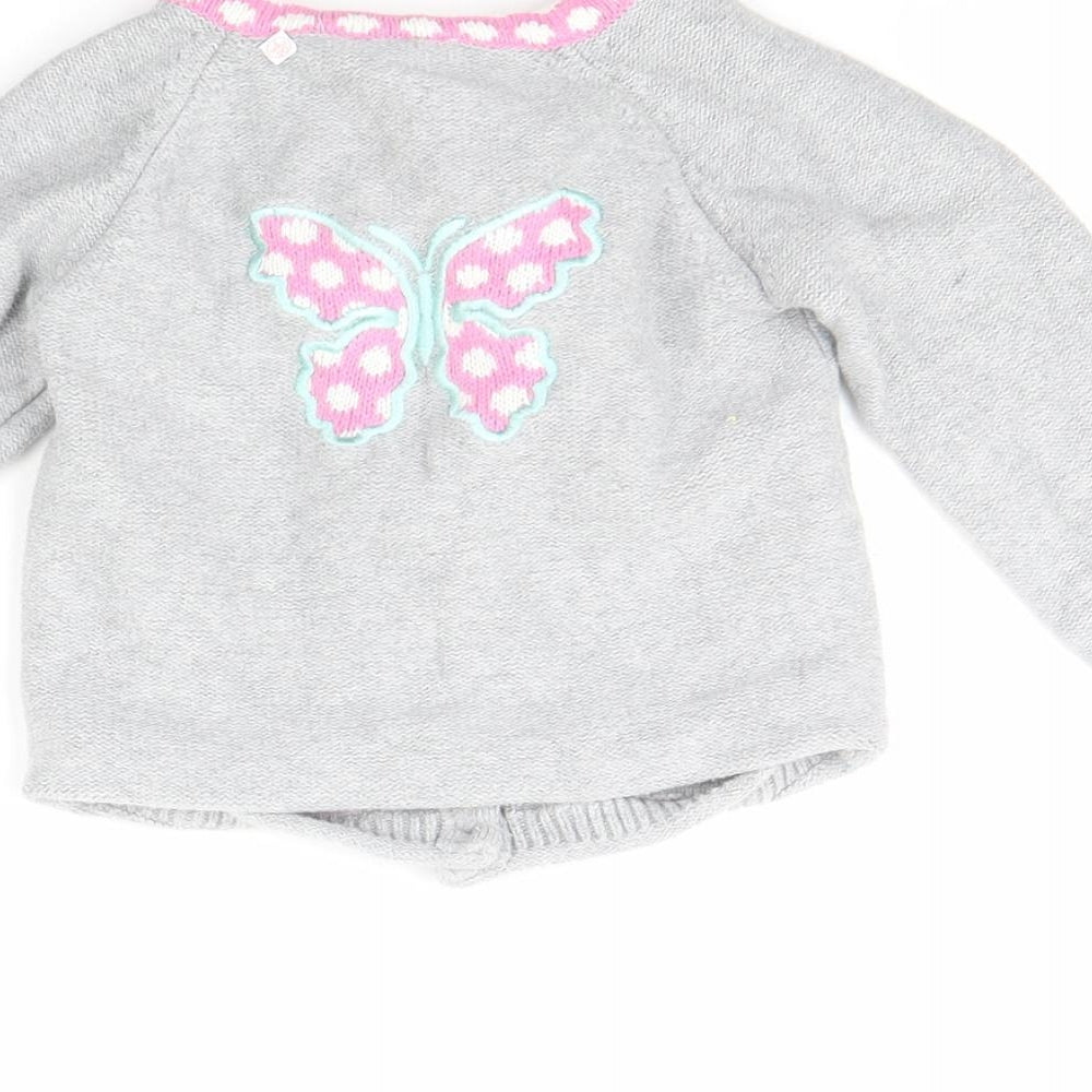 Brand and care label for Strawberry Faire girls’ grey jacket, size 12, months