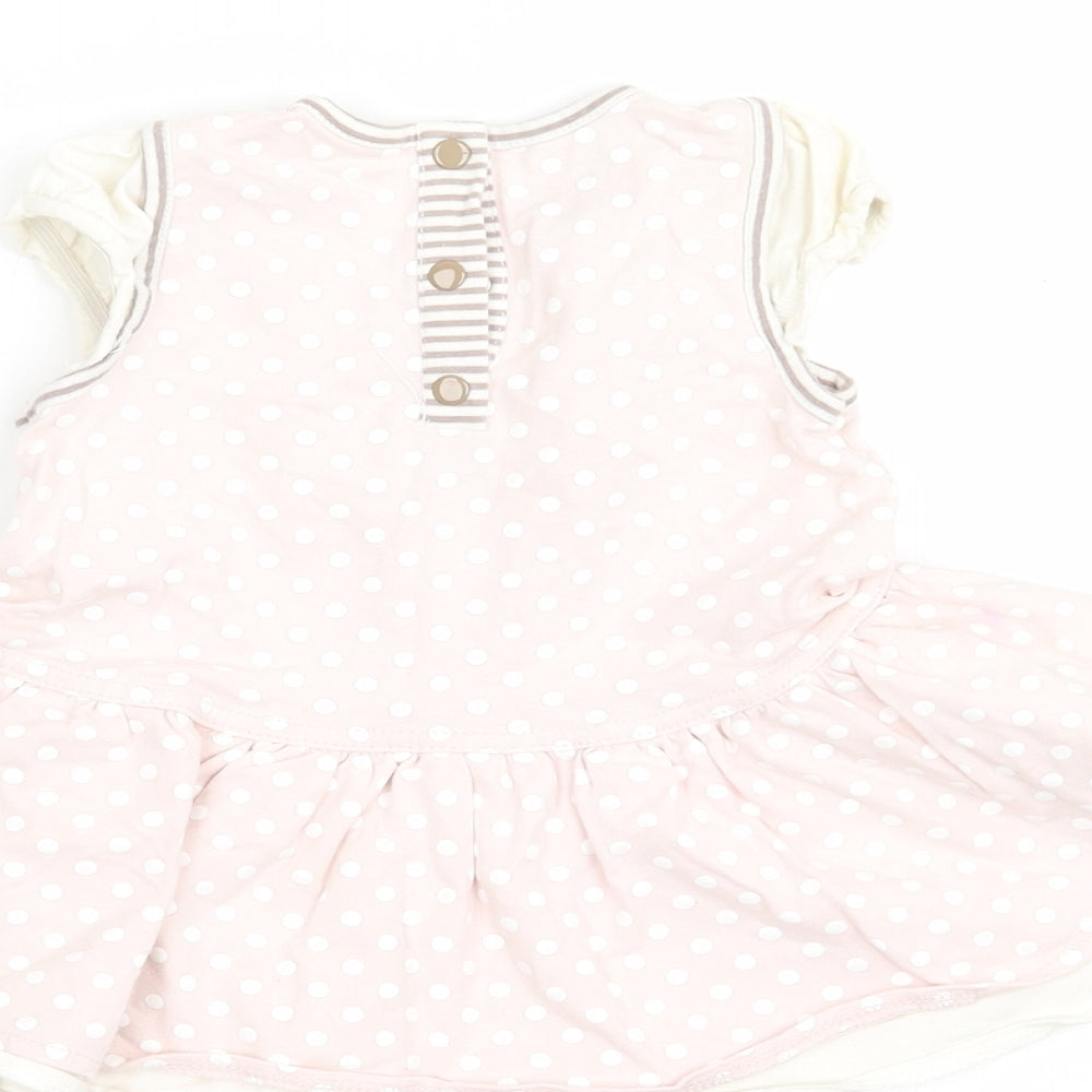 Brand and care label for mamas & papas girls’ beige polka dot a-line, size 6-9, months