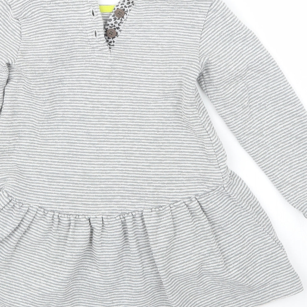 Brand and care label for Mini Club girls’ grey striped t-shirt dress, size 18-24, months