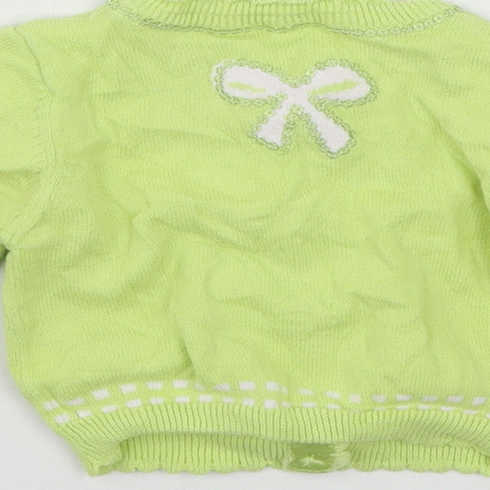 Brand and care label for Marks & Spencer girls’ green knit cardigan jumper, size 3-6, months