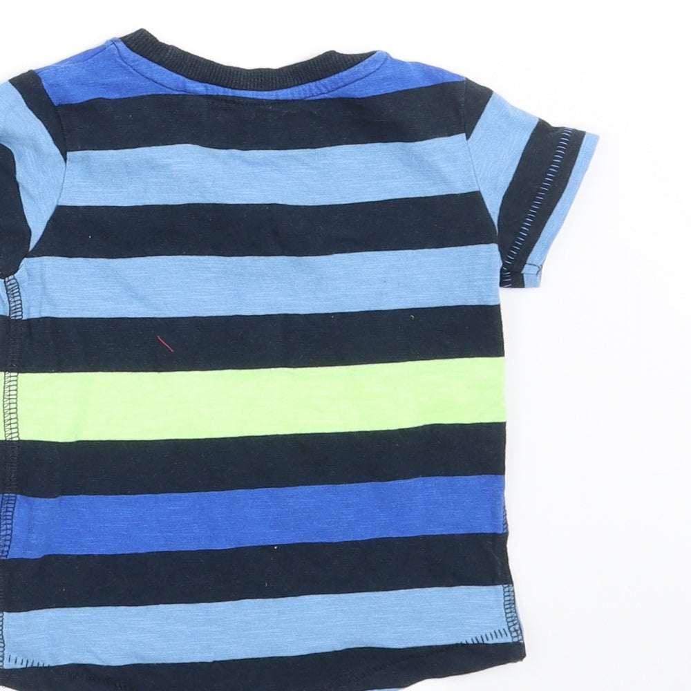 Brand and care label for Next Baby Blue Striped Basic T-Shirt, size 6-9, Months