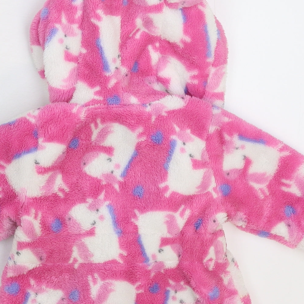 Brand and care label for Studio girls’ pink solid fleece kimono robe, size 3-6, months