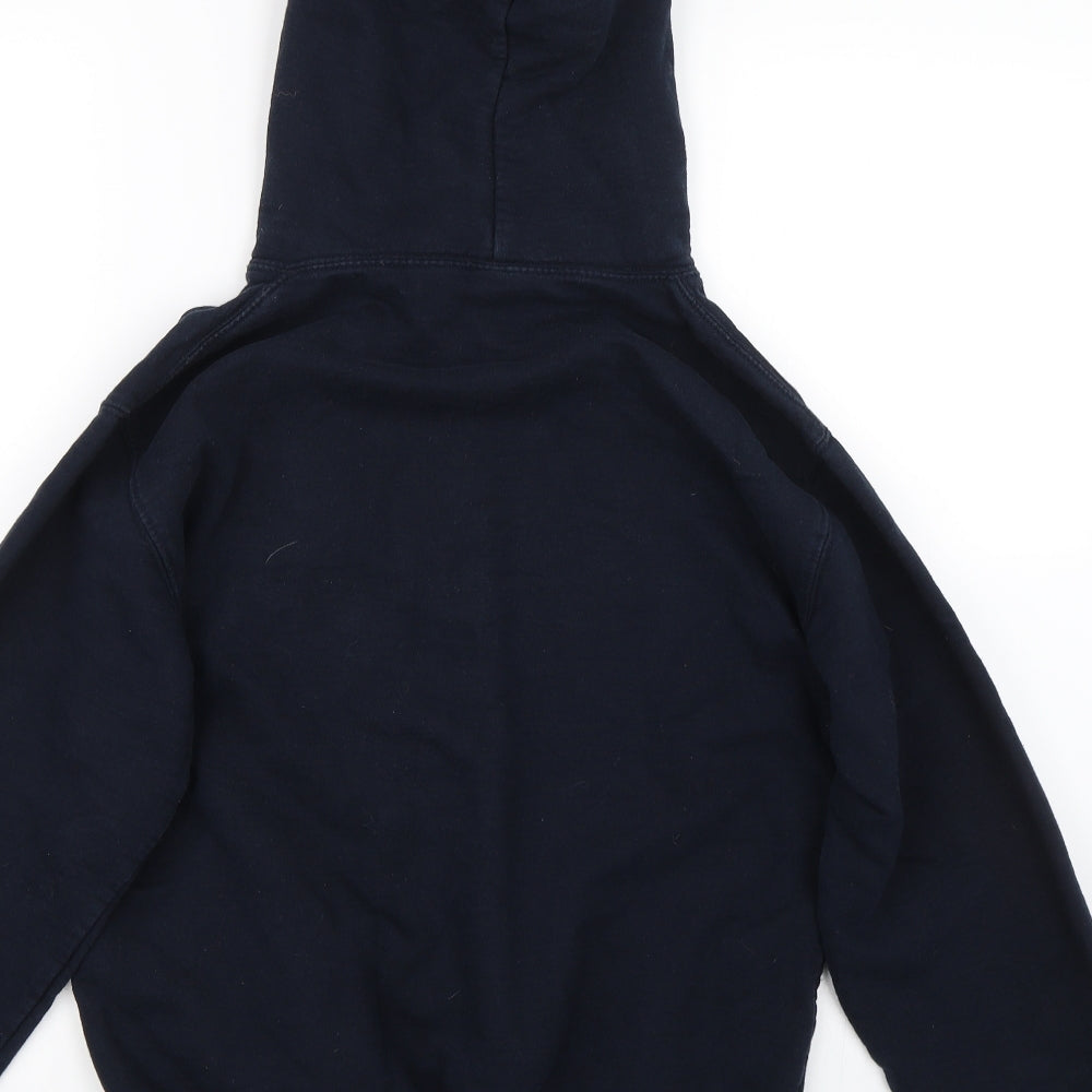 Brand and care label for Awdis boys’ blue pullover hoodie, size 12-13, years