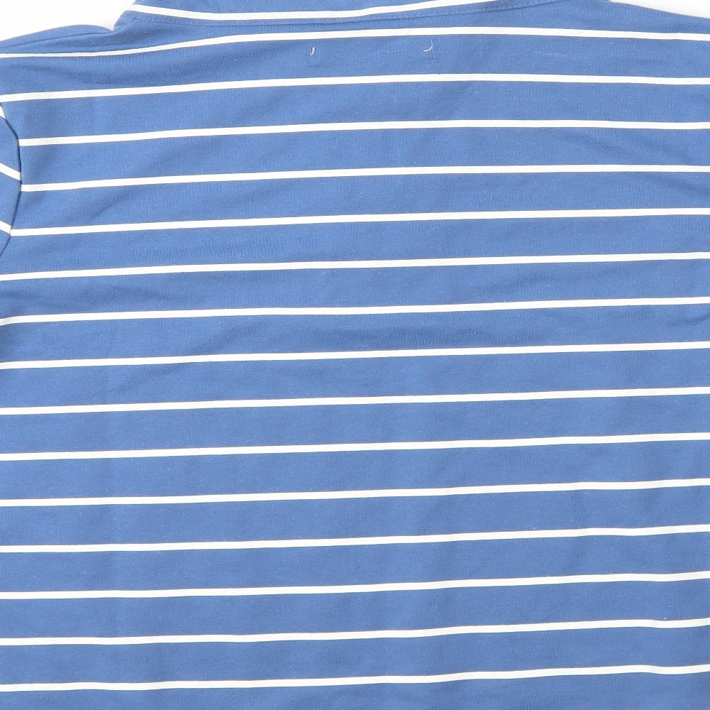 Brand and care label for Tru women’s blue striped jumper, size S