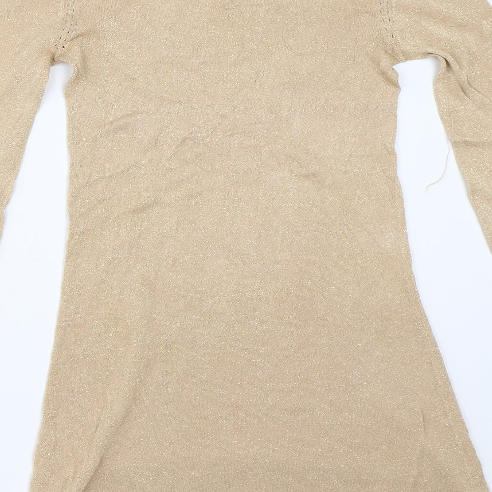 Brand and care label for Miss Selfridge women’s gold jumper, size UK 8