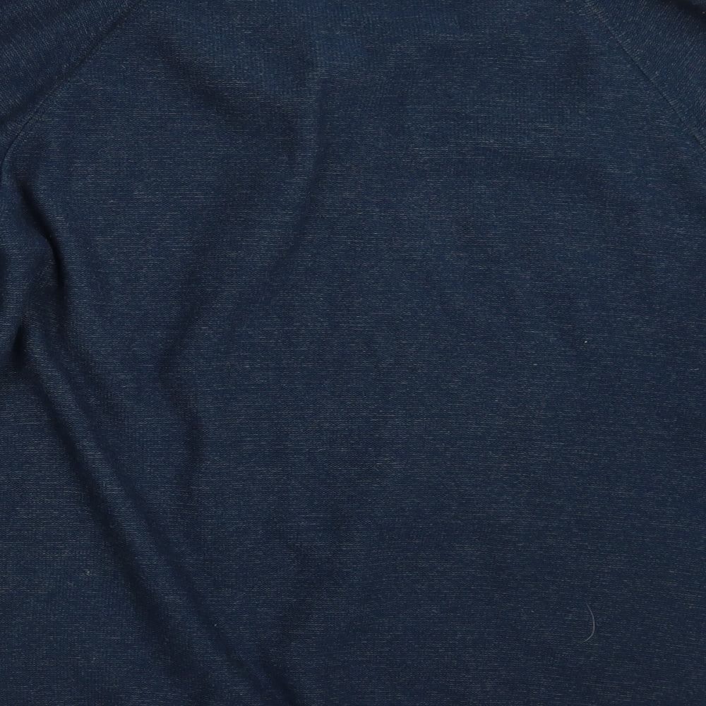 Brand and care label for Easy men’s blue jumper, size L