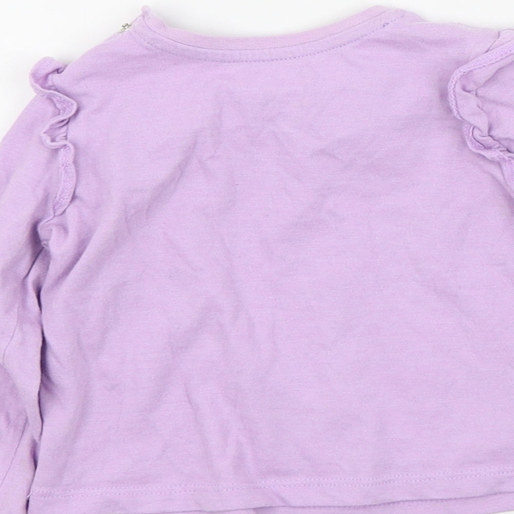 Brand and care label for Mini Club girls’ purple colourblock basic t-shirt, size 9-12, months