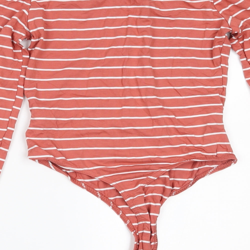 Brand and care label for Missguided women’s orange striped bodysuit one-piece, size UK 8
