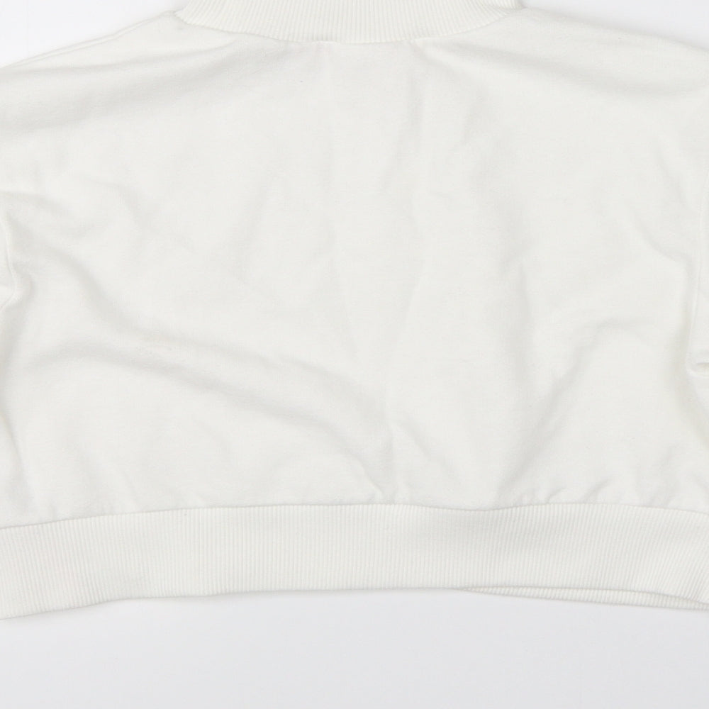 Brand and care label for Miss Selfridge women’s white pullover sweatshirt, size UK 4, - cropped
